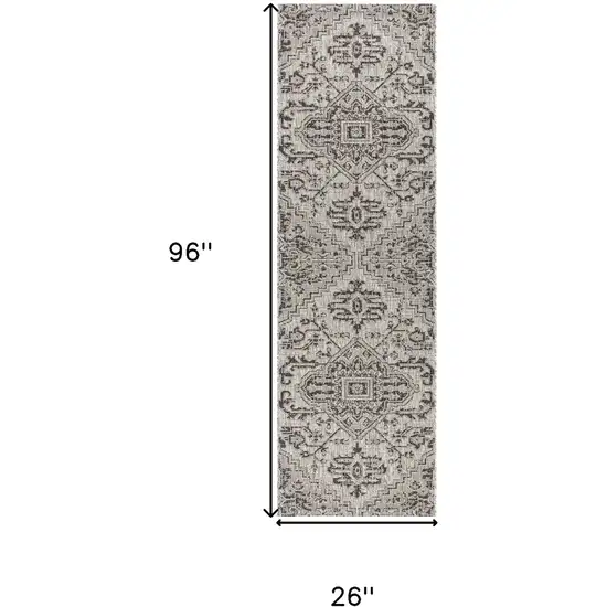 8' Black And Gray Medallion Indoor Outdoor Runner Rug Photo 6
