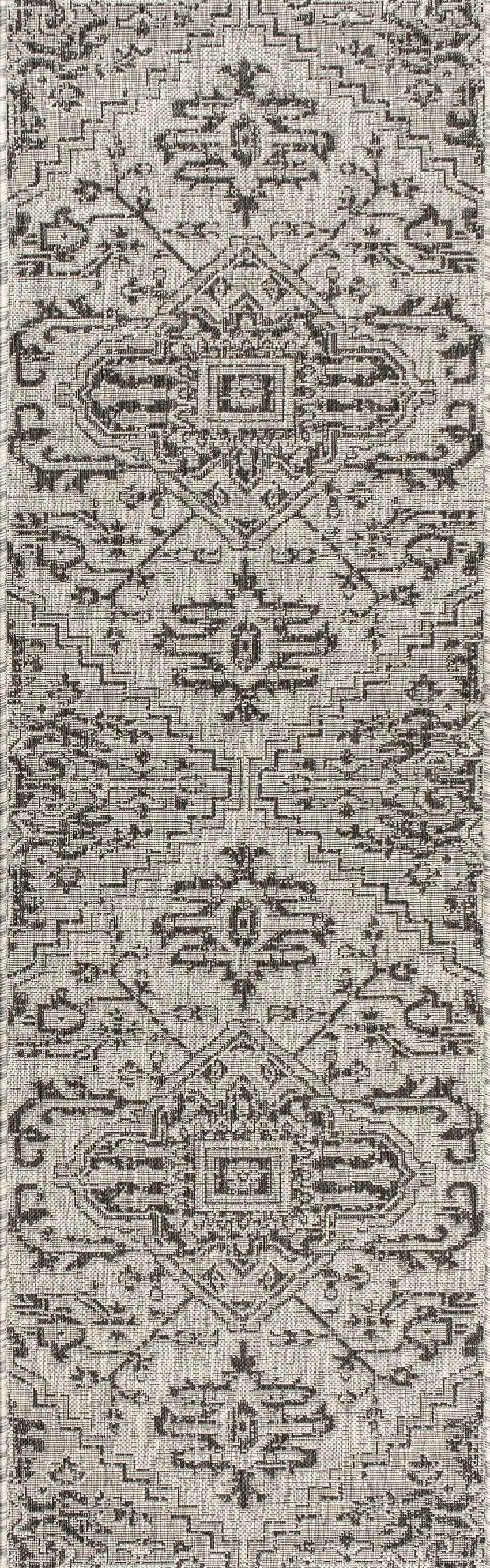 8' Black And Gray Medallion Indoor Outdoor Runner Rug Photo 3