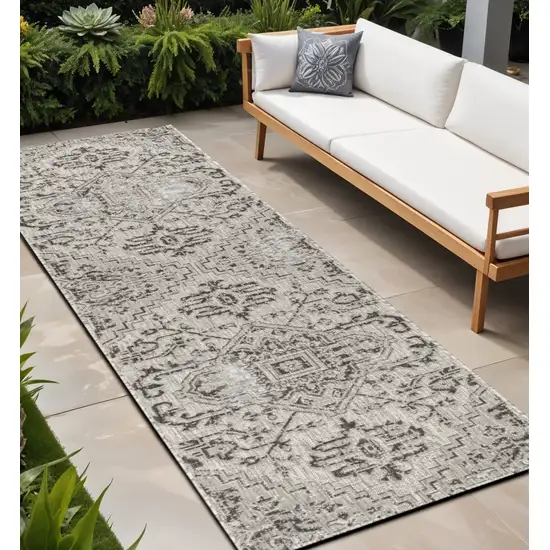8' Black And Gray Medallion Indoor Outdoor Runner Rug Photo 1