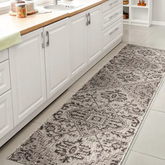 8' Black And Gray Medallion Indoor Outdoor Runner Rug Photo 6