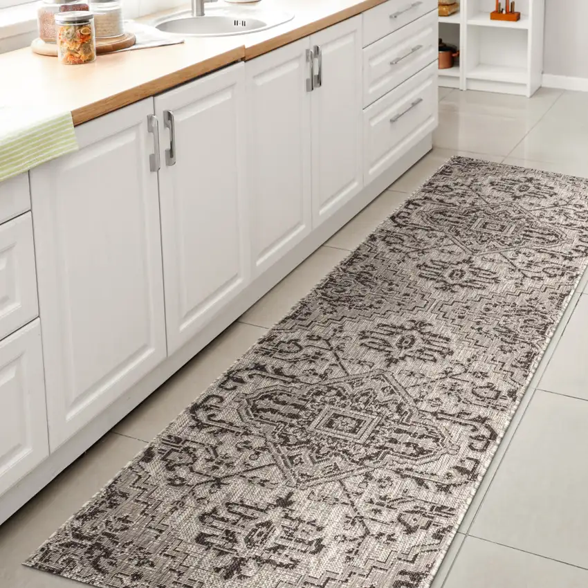 8' Black And Gray Medallion Indoor Outdoor Runner Rug Photo 6