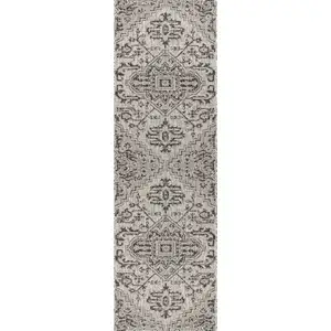 Photo of 8' Black And Gray Medallion Indoor Outdoor Runner Rug