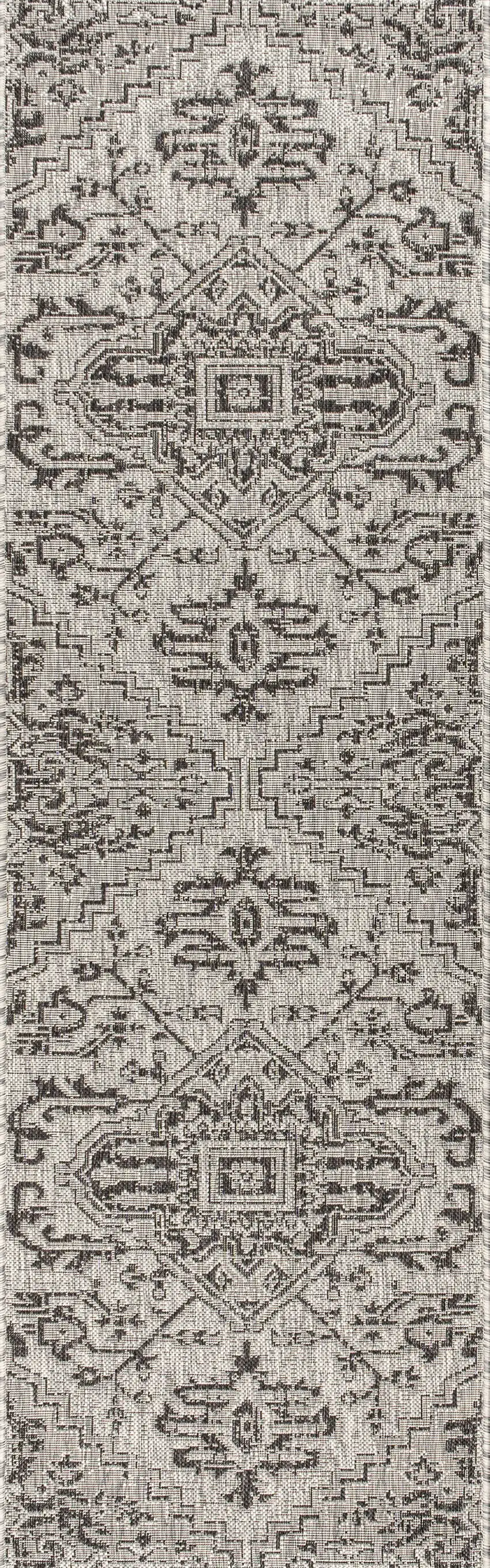 8' Black And Gray Medallion Indoor Outdoor Runner Rug Photo 1