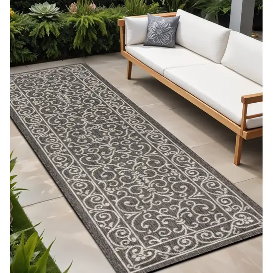 8' Black And Gray Medallion Indoor Outdoor Runner Rug Photo 1