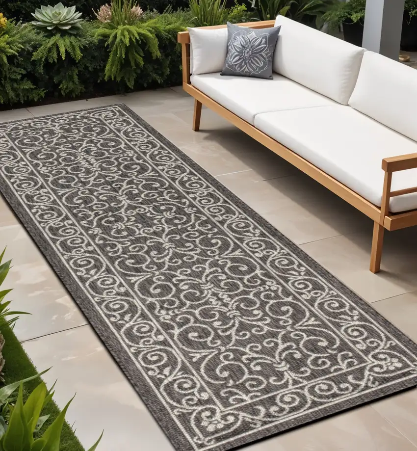 8' Black And Gray Medallion Indoor Outdoor Runner Rug Photo 1