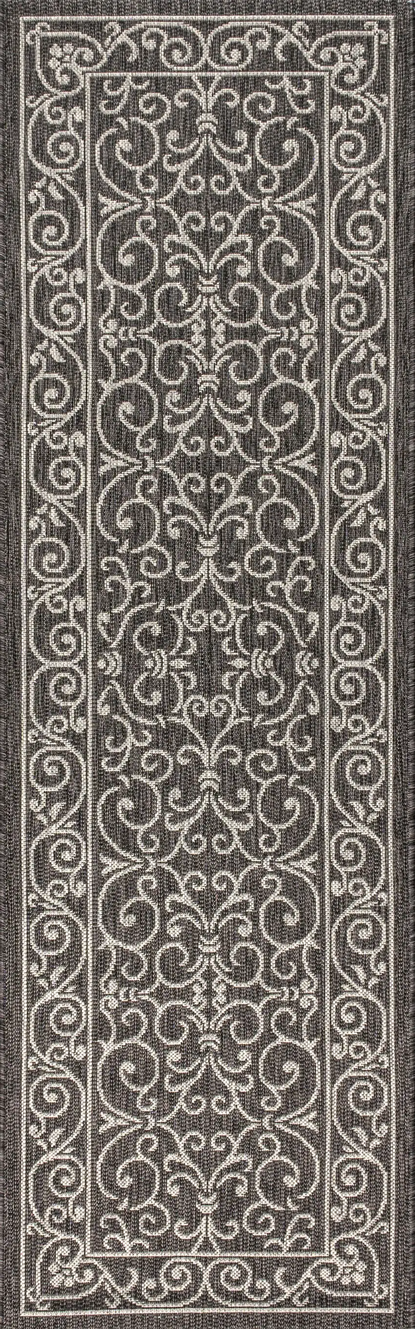 8' Black And Gray Medallion Indoor Outdoor Runner Rug Photo 1