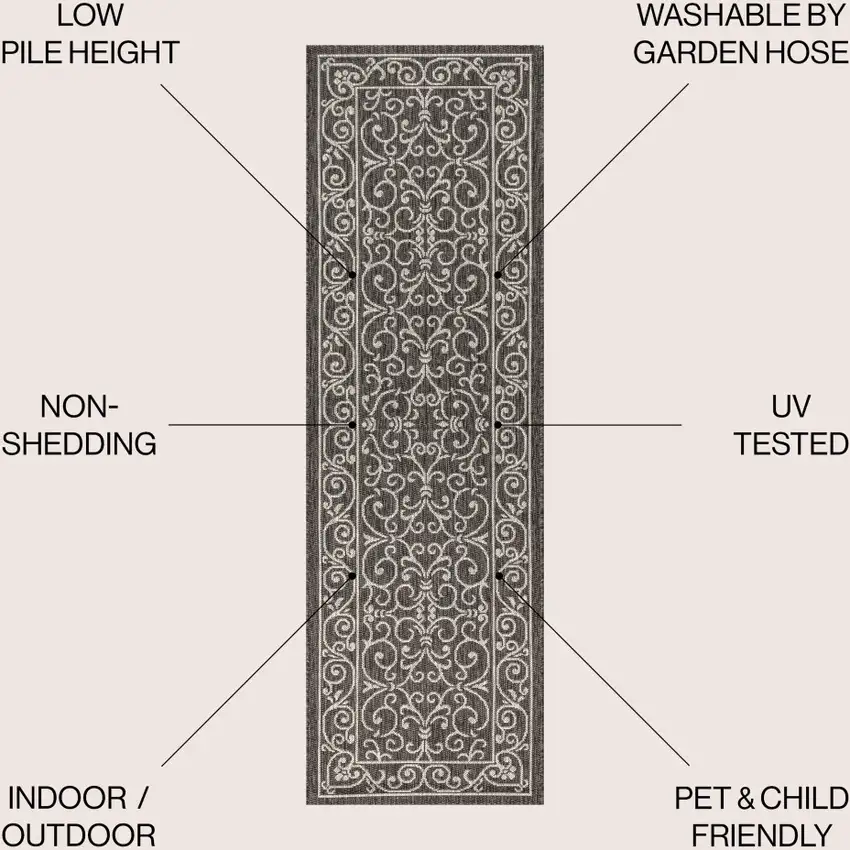 8' Black And Gray Medallion Indoor Outdoor Runner Rug Photo 9