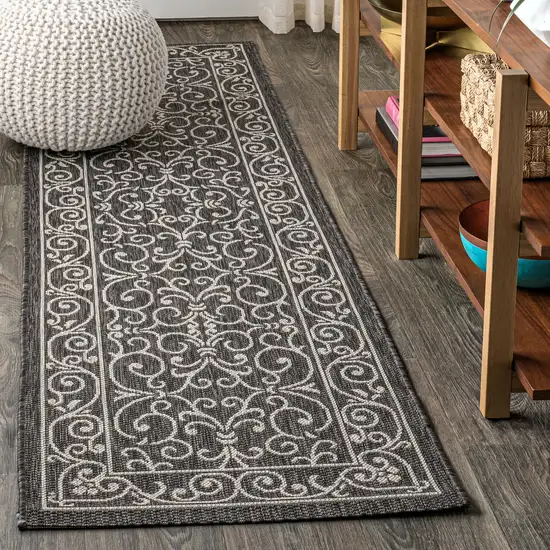 8' Black And Gray Medallion Indoor Outdoor Runner Rug Photo 4