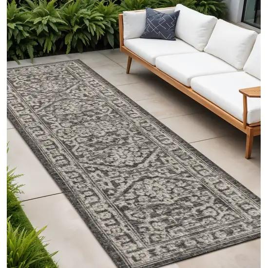 10' Black And Gray Medallion Indoor Outdoor Runner Rug Photo 1