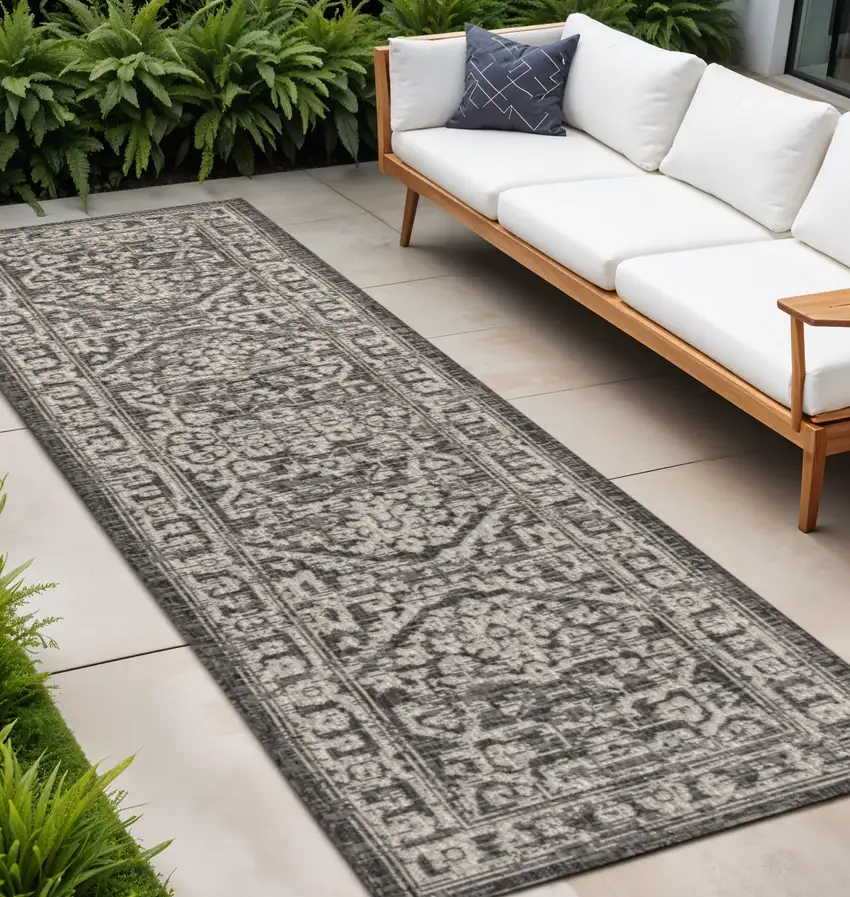 10' Black And Gray Medallion Indoor Outdoor Runner Rug Photo 1