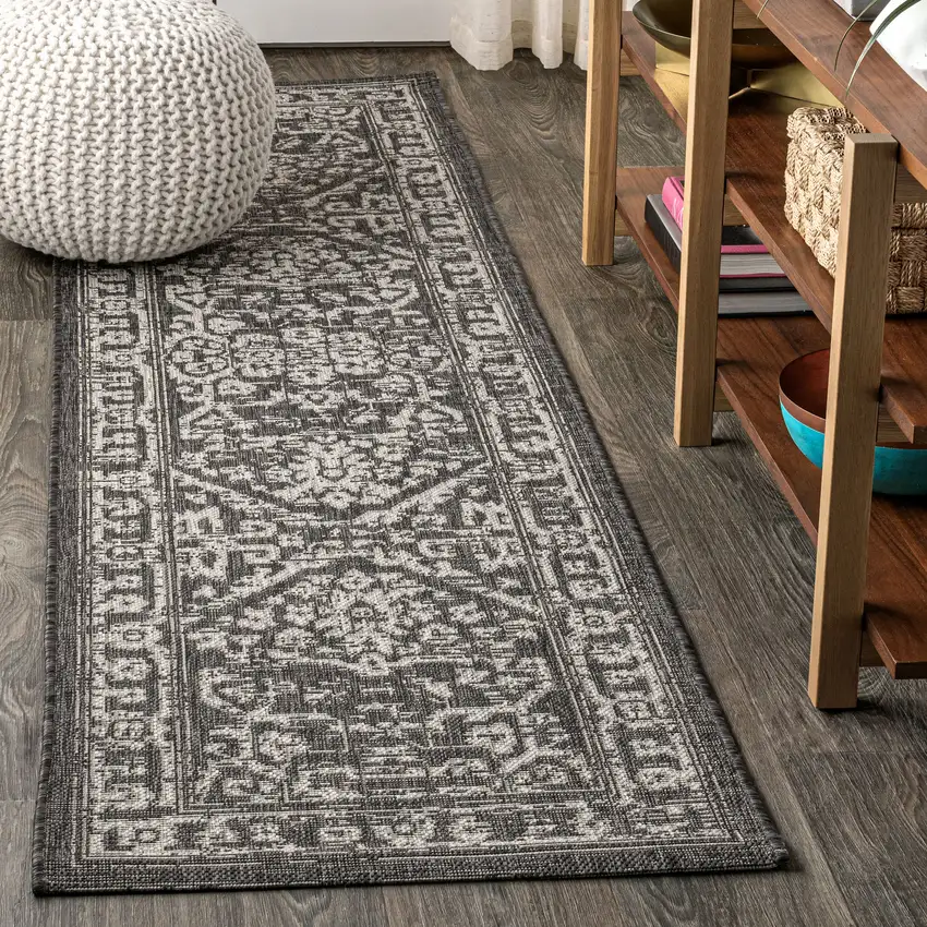 10' Black And Gray Medallion Indoor Outdoor Runner Rug Photo 4