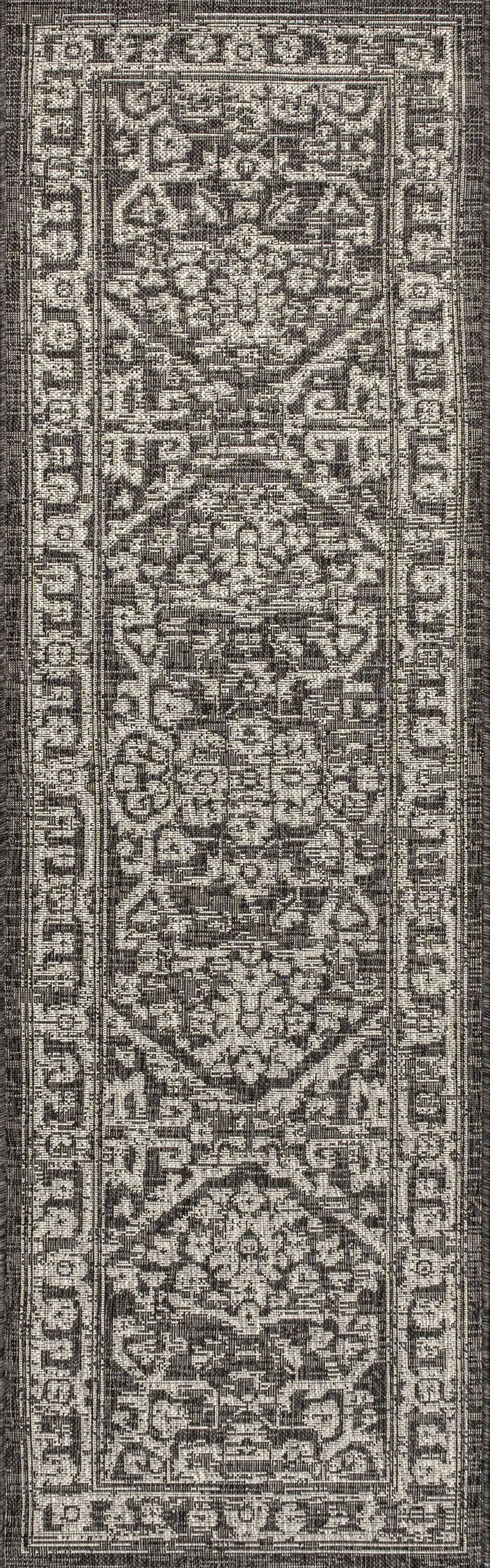 10' Black And Gray Medallion Indoor Outdoor Runner Rug Photo 1