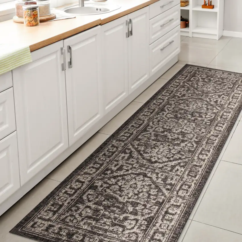 10' Black And Gray Medallion Indoor Outdoor Runner Rug Photo 6