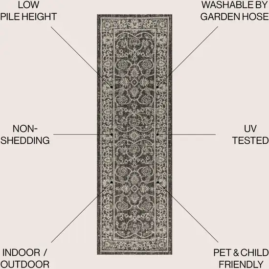 8' Black And Gray Medallion Indoor Outdoor Runner Rug Photo 8