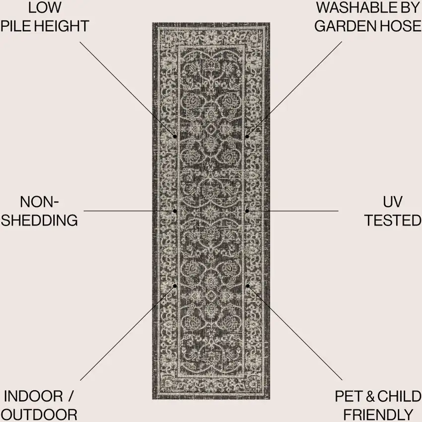 8' Black And Gray Medallion Indoor Outdoor Runner Rug Photo 8