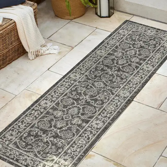 8' Black And Gray Medallion Indoor Outdoor Runner Rug Photo 5
