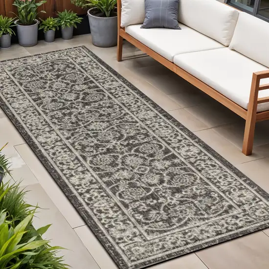 8' Black And Gray Medallion Indoor Outdoor Runner Rug Photo 1