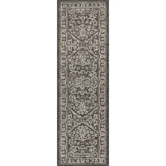 8' Black And Gray Medallion Indoor Outdoor Runner Rug Photo 3