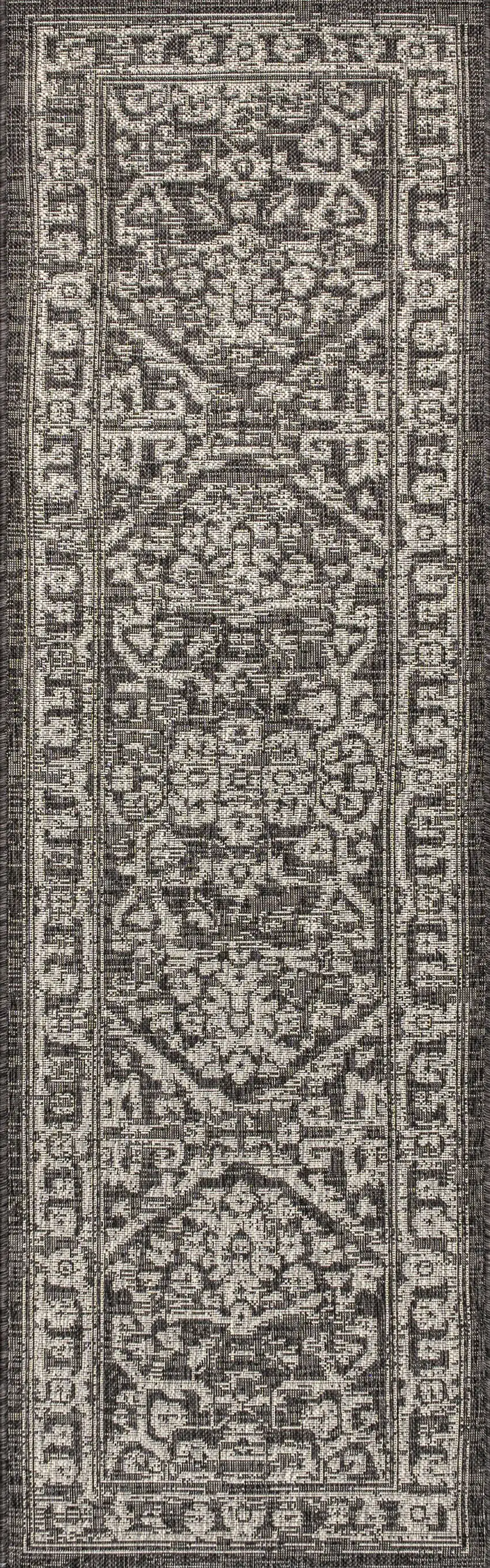 8' Black And Gray Medallion Indoor Outdoor Runner Rug Photo 3