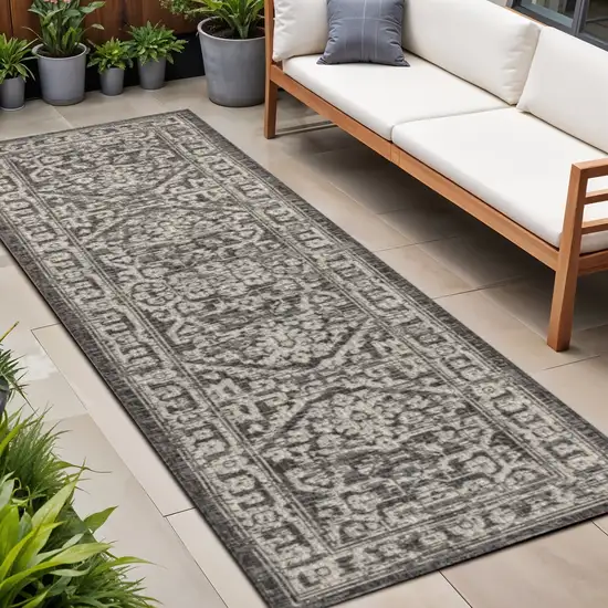 8' Black And Gray Medallion Indoor Outdoor Runner Rug Photo 1