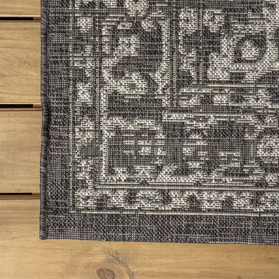 8' Black And Gray Medallion Indoor Outdoor Runner Rug Photo 6