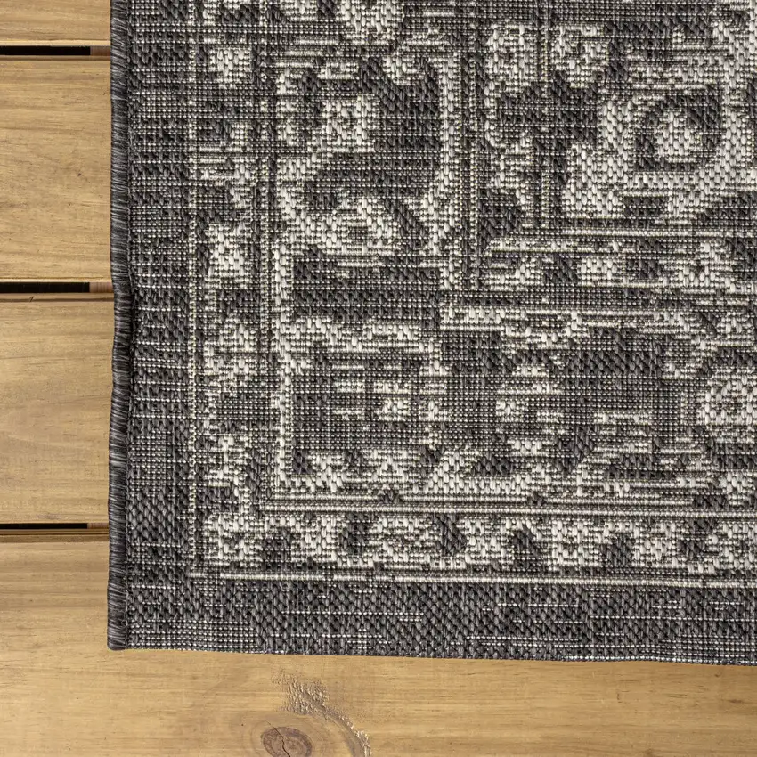 8' Black And Gray Medallion Indoor Outdoor Runner Rug Photo 6