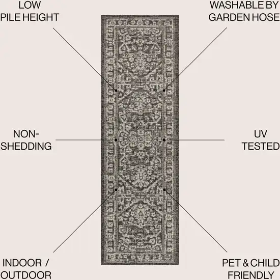 8' Black And Gray Medallion Indoor Outdoor Runner Rug Photo 9