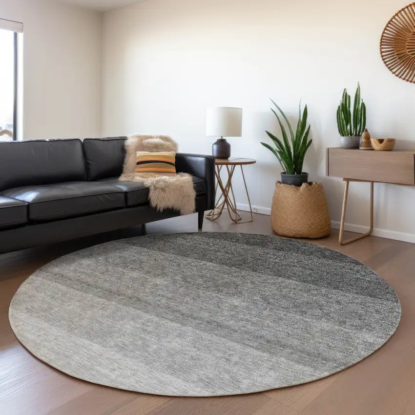 8' Black And Gray Ombre Washable Round Rug With UV Protection Photo 3