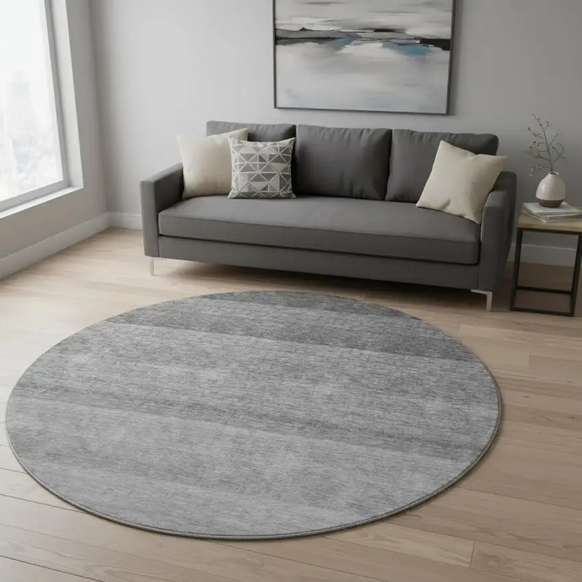 8' Black And Gray Ombre Washable Round Rug With UV Protection Photo 2