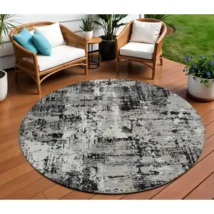 Photo of 8' Black And Gray Round Abstract Washable Indoor Outdoor Area Rug