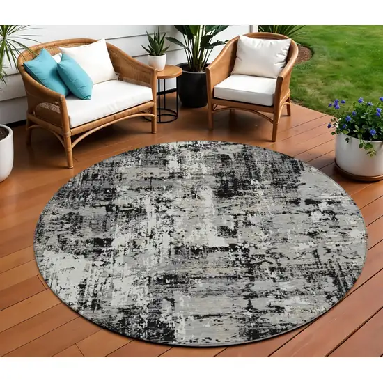 8' Black And Gray Round Abstract Washable Indoor Outdoor Area Rug Photo 1