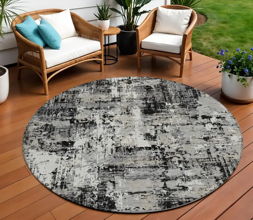 8' Black And Gray Round Abstract Washable Indoor Outdoor Area Rug Photo 1