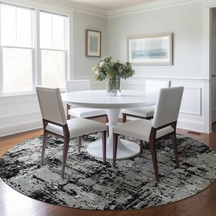 8' Black And Gray Round Abstract Washable Indoor Outdoor Area Rug Photo 7