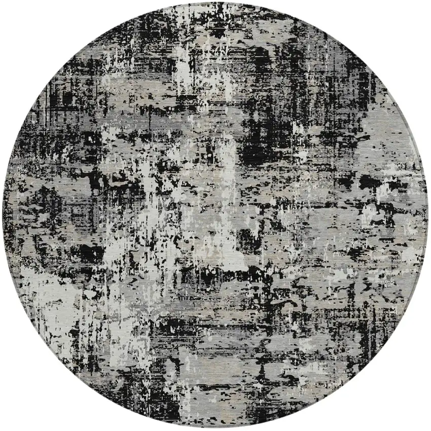 8' Black And Gray Round Abstract Washable Indoor Outdoor Area Rug Photo 2