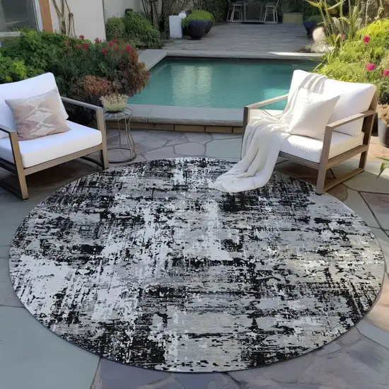 8' Black And Gray Round Abstract Washable Indoor Outdoor Area Rug Photo 6