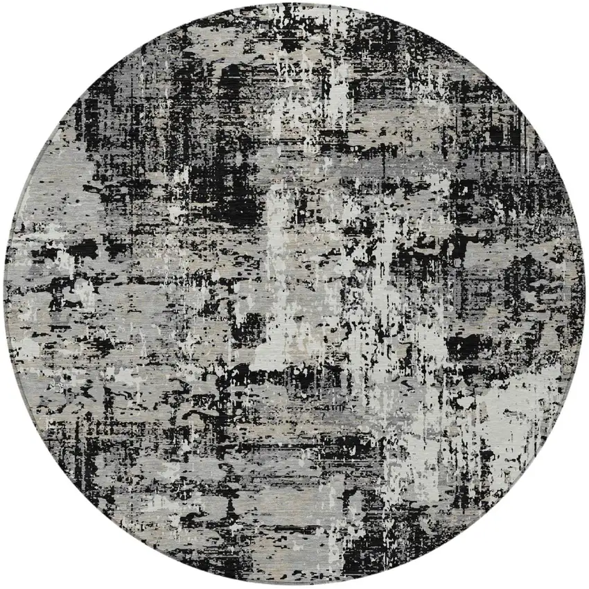 8' Black And Gray Round Abstract Washable Indoor Outdoor Area Rug Photo 4