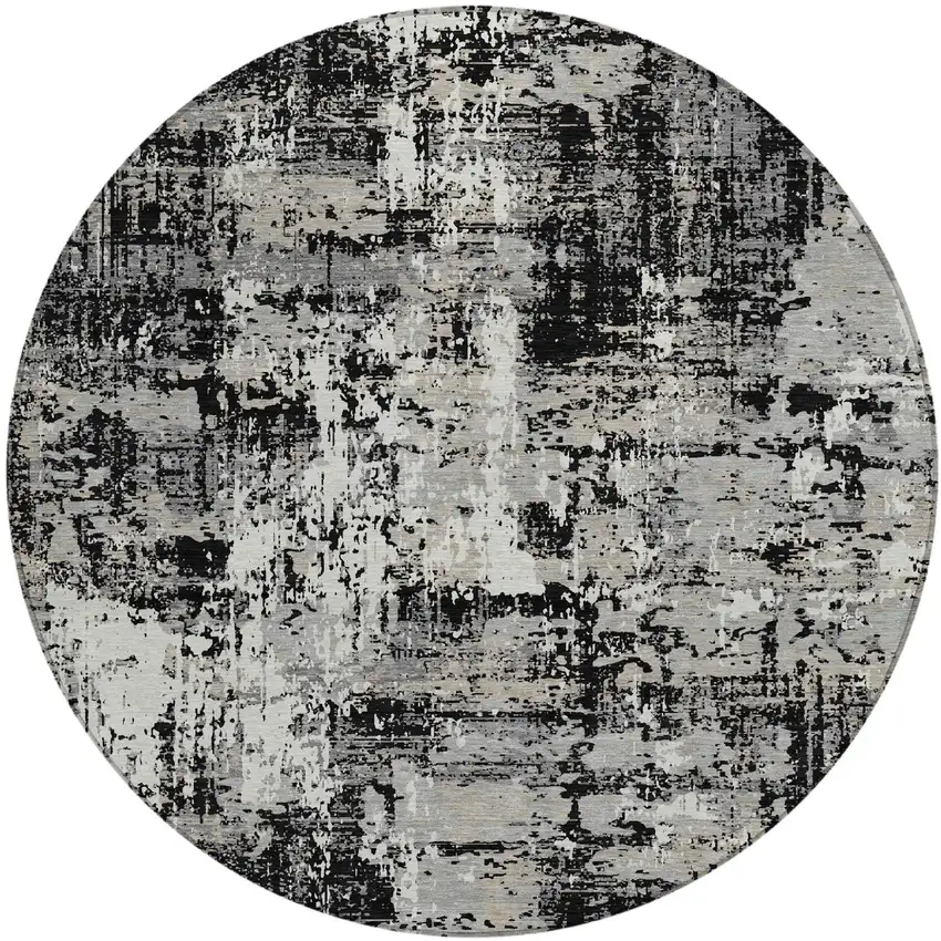 8' Black And Gray Round Abstract Washable Indoor Outdoor Area Rug Photo 2