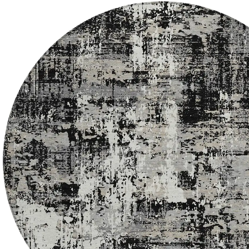 8' Black And Gray Round Abstract Washable Indoor Outdoor Area Rug Photo 3