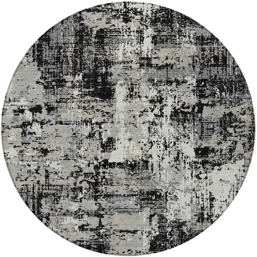 8' Black And Gray Round Abstract Washable Indoor Outdoor Area Rug Photo 5