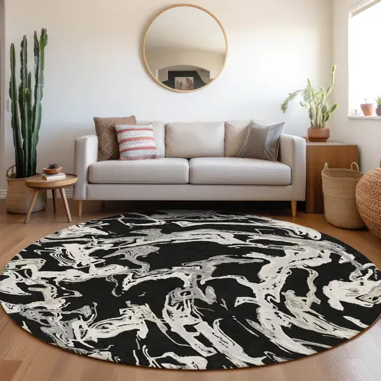 8' Black And Gray Round Abstract Washable Indoor Outdoor Area Rug Photo 7