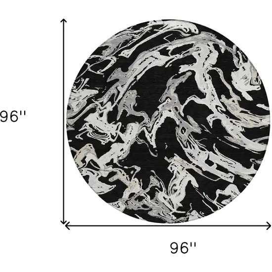 8' Black And Gray Round Abstract Washable Indoor Outdoor Area Rug Photo 3
