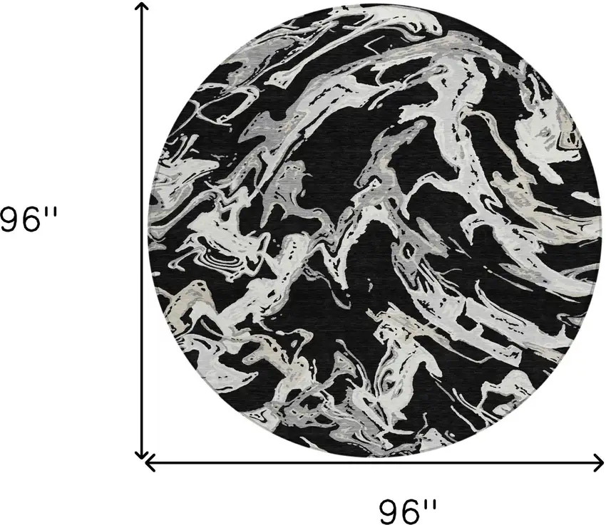8' Black And Gray Round Abstract Washable Indoor Outdoor Area Rug Photo 3