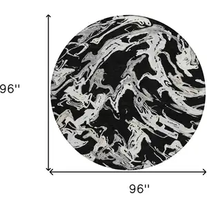 Photo of 8' Black And Gray Round Abstract Washable Indoor Outdoor Area Rug