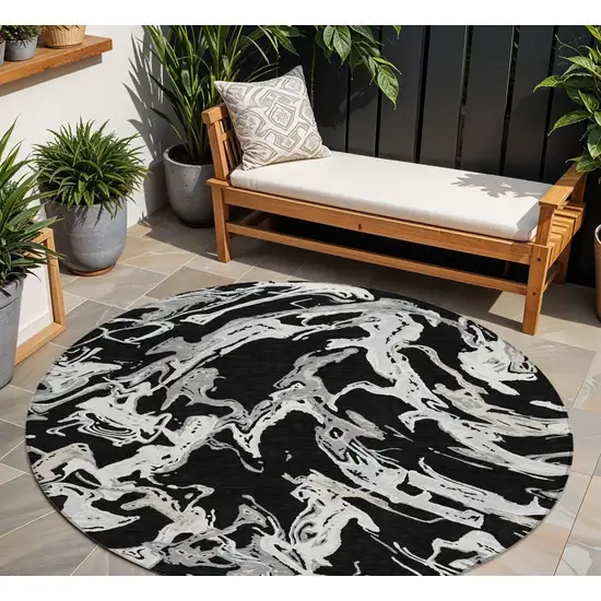 8' Black And Gray Round Abstract Washable Indoor Outdoor Area Rug Photo 1