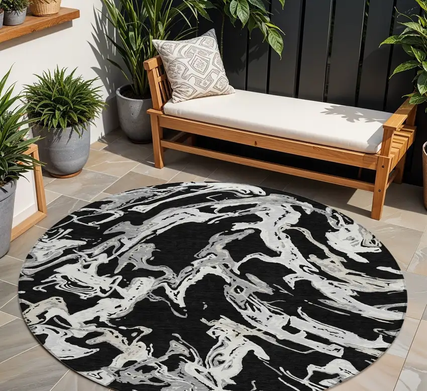 8' Black And Gray Round Abstract Washable Indoor Outdoor Area Rug Photo 1