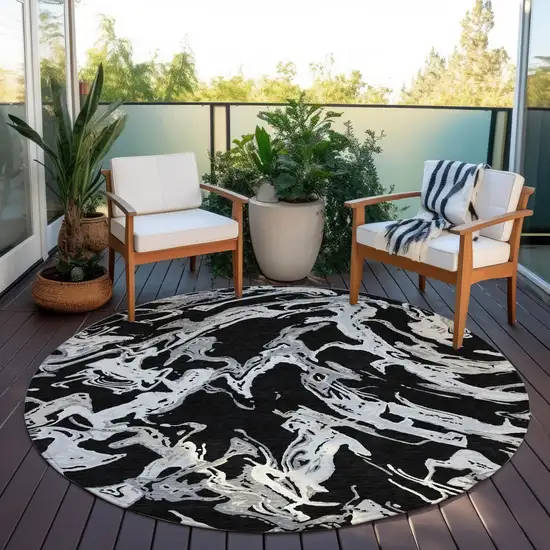 8' Black And Gray Round Abstract Washable Indoor Outdoor Area Rug Photo 6