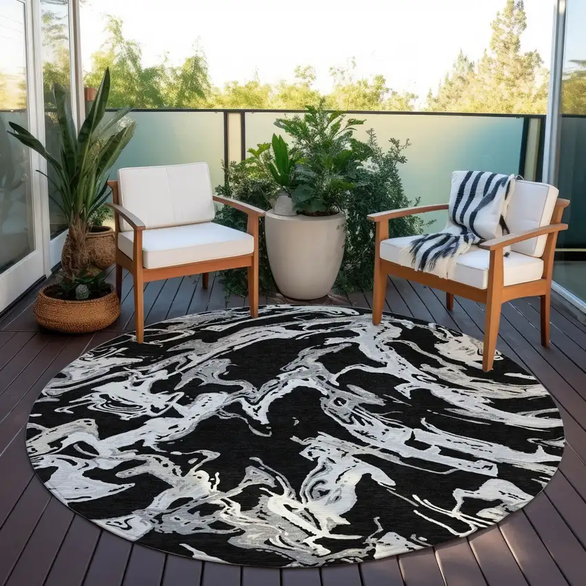 8' Black And Gray Round Abstract Washable Indoor Outdoor Area Rug Photo 6