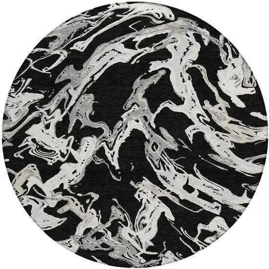 8' Black And Gray Round Abstract Washable Indoor Outdoor Area Rug Photo 2