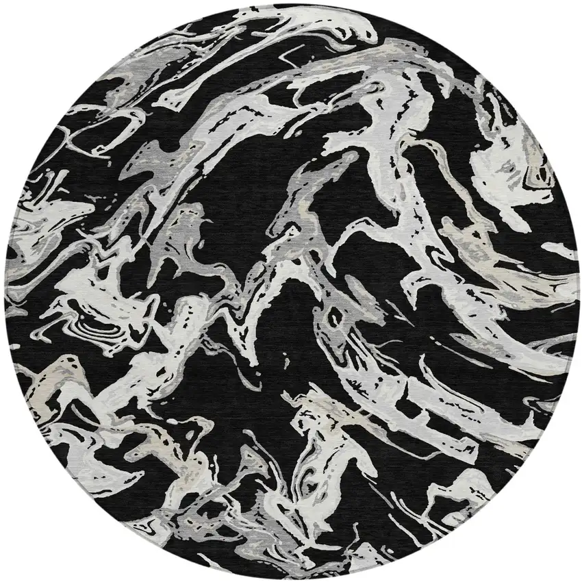 8' Black And Gray Round Abstract Washable Indoor Outdoor Area Rug Photo 2