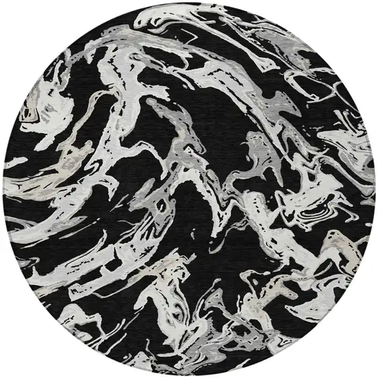 8' Black And Gray Round Abstract Washable Indoor Outdoor Area Rug Photo 5